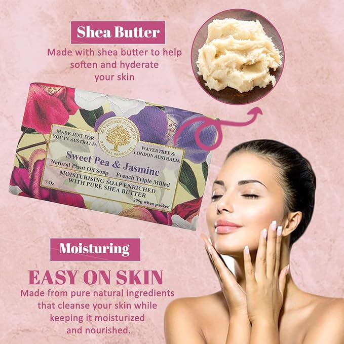 Wavertree & London Sweet Pea & Jasmine Scented Natural Soap (2 Bars), 7oz Moisturizing French Triple Milled Soap Bars enriched with shea butter - Pure Plant Based Bath & Body Bars for All Skin Types