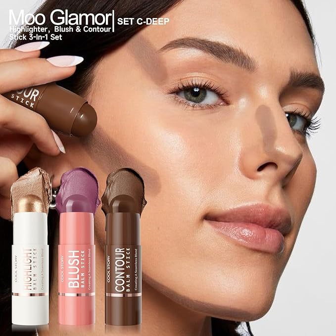 3-in-1 Highlighter,Blush and Contour Sticks Trio with Highlighter Stick Contour Stick and Blush Stick for Cheeks and Face Makeup (Set C Deep)