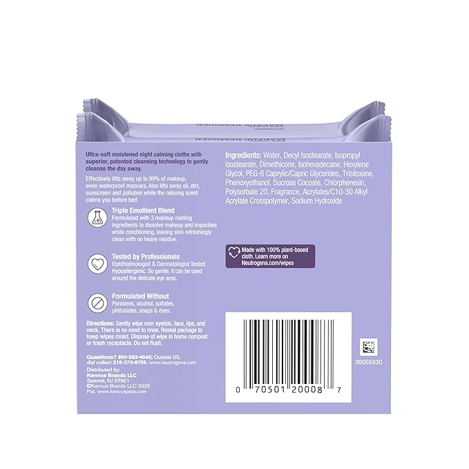 Neutrogena Night Calming Makeup Remover Face Wipes, Nighttime Cleansing Towelettes Remove Sweat, Dirt & Makeup & Calms Skin, Hypoallergenic, 100% Plant Based Cloth, 50 Count (2 Packs of 25)