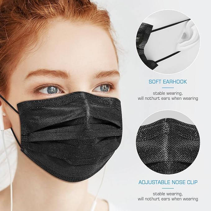 50 PCS Black Disposable Face Masks 3-Ply Filter Earloop Mouth Cover, Face Mask