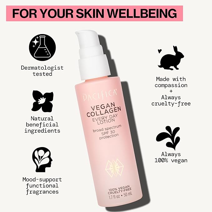 Pacifica Beauty Vegan Collagen SPF 30 Broad Spectrum Sunscreen Every Day Face Lotion, UVA/UVB Protection for All Skin Types, Lightweight, Moisturizing & Hydrating, Cruelty Free, White, 1.7 Fl Oz