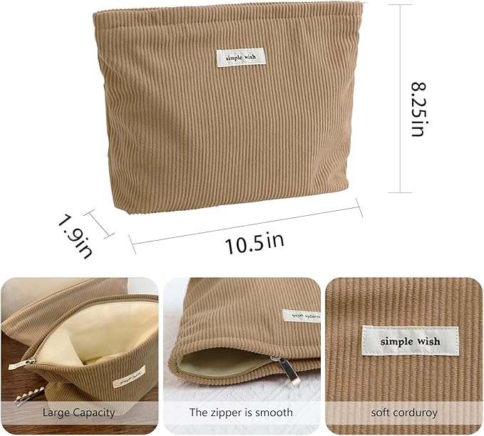 Wudygirl Corduroy Makeup Bag Cosmetic Bag for Women Cute Makeup Organizer Travel Makeup Pouch Toiletry Bag Aesthetic Handbag Pouches for Purse with Zipper (Camel)