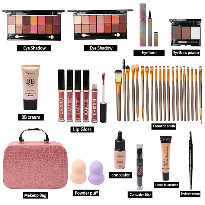 All in One Makeup Kit - 2X14 Eyeshadow Palette, Liquid Foundation, Eyeliner Pencils, Contouring Stick, 20pc Makeup Brushes (Pink)