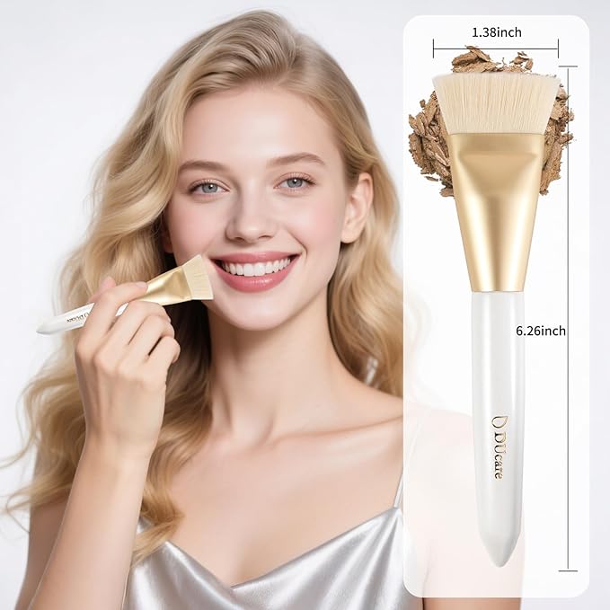Ducare Foundation Bursh and Contour Brush Makeup Brushes Set 2Pcs, Premium Flat Top Kabuki Contouring Brush For Blending & Buffing Fluffy Large Makeup Brush With Soft Synthetic Bristles
