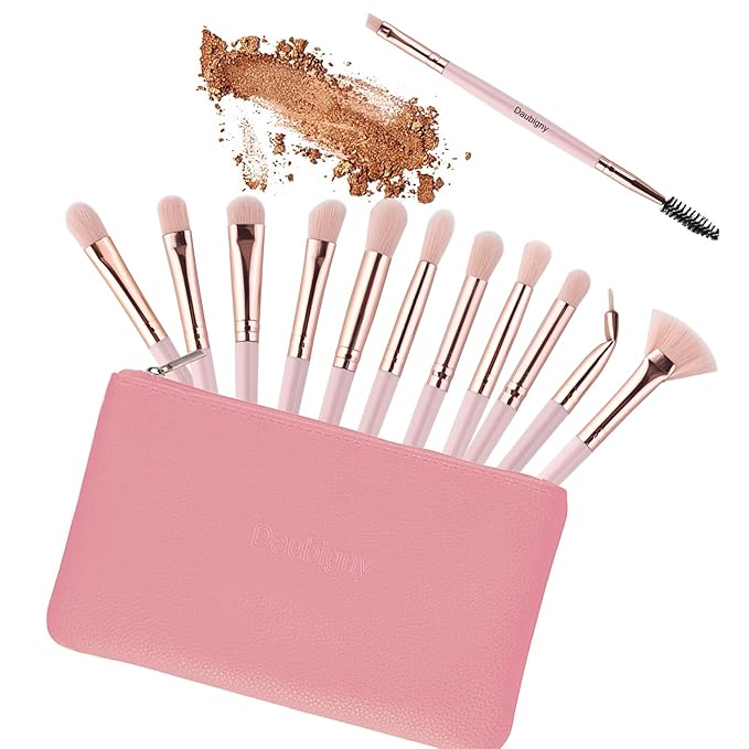 Daubigny Eye Makeup Brushes,12 PCS Professional Eye shadow, Concealer, Eyebrow, Foundation, Powder Liquid Cream Blending Brushes Set With Carrying Bag(Pink)