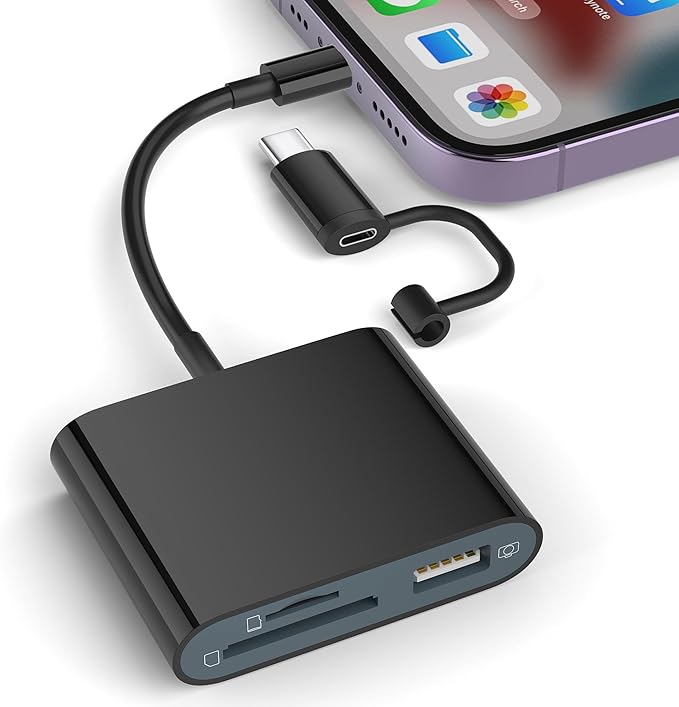 SD Card Reader for iPhone, Memory Card Reader with USB-C to Lightning Adapte Plug and Play Trail Game Camera Micro SD Card Viewer Support SD/TF Card and USB Adapter for iPad No App Required