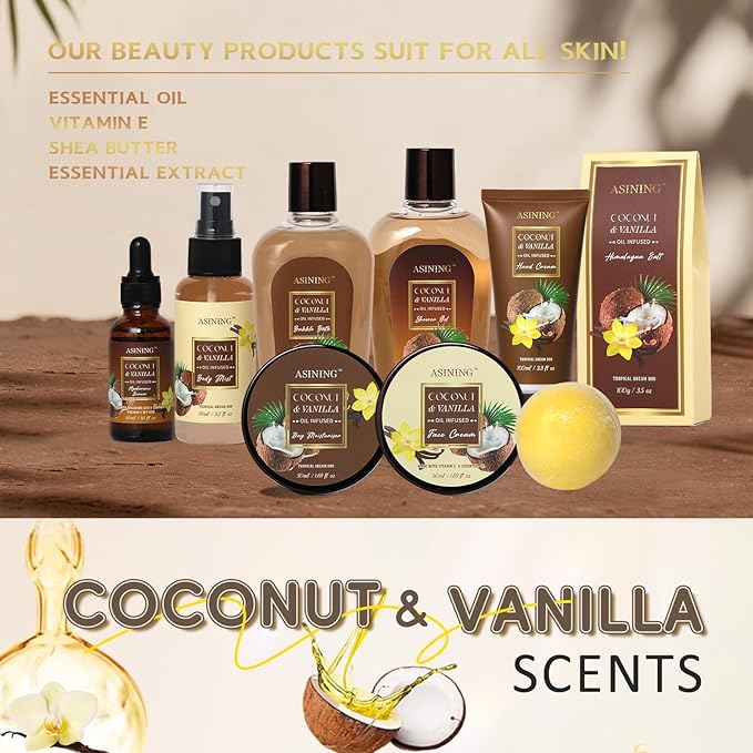 Spa Basket for Women, Coconut Vanilla Bath & Body Set, Christmas & Birthday Gift, Unique Gift with Bath Bombs, Body Lotion, Spa Bath Sets for men Gift Home Spa Set Luxurious Bath Gift & More