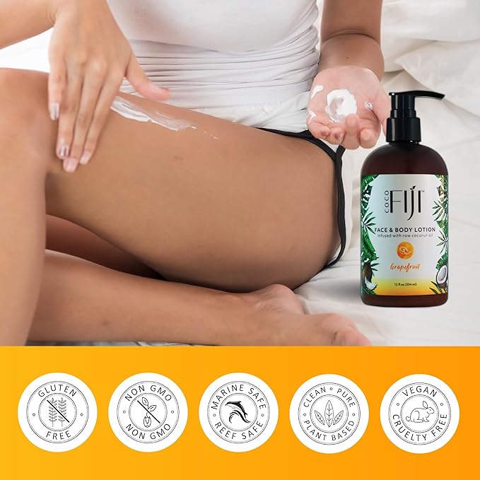 Coco Fiji Face & Body Lotion Infused With Coconut Oil | Lotion for Dry Skin | Moisturizer Face Cream & Massage Lotion for Women & Men | Grapefruit 12 oz, Pack of 1