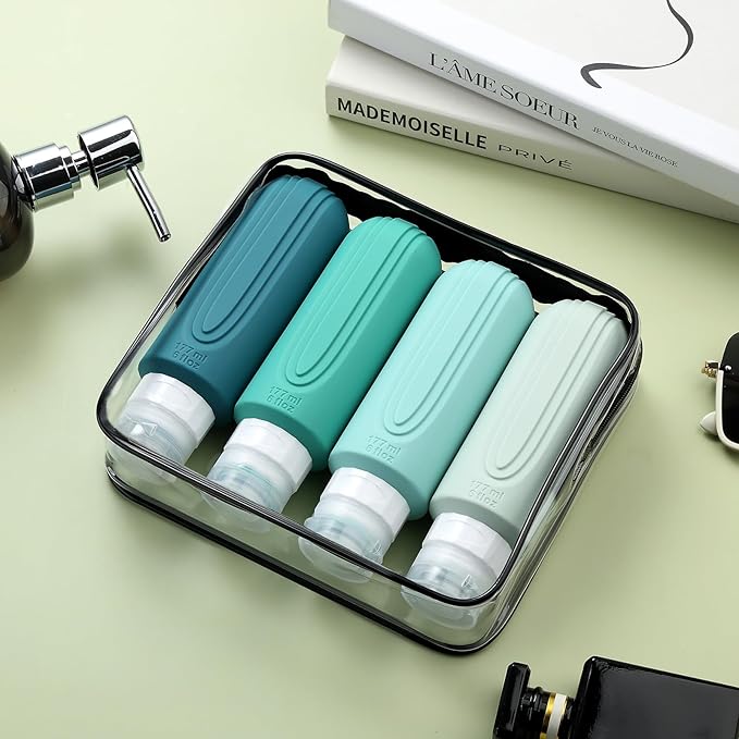 Travel Bottles for Toiletries, Large 6oz Oversize Containers, BPA Free Leak Proof Tubs Refillable Liquid Traveler Accessories with Toiletry Bag for Cometic Shampoo and Lotion Soap (4 Pack)