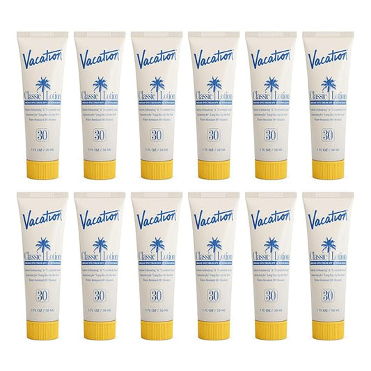 Vacation Mini Classic Sunscreen SPF 30, Water-Resistant, Bulk Suntan Lotion, Bachelorette Party Favors, Beach Must Haves, Traveling Essentials, Travel Size, 1 Fl. Oz. (Value Pack of 12)