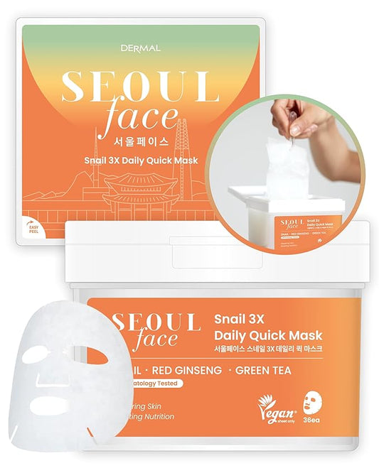 DERMAL Seoul Face Snail 3X Daily Quick Mask 36 Sheet – Korean Skincare Vegan Tencel Facial Masks - Skin Repairing, Anti Aging Face Mask Sheets with Ginseng Root, Green Tea Leaf Extract