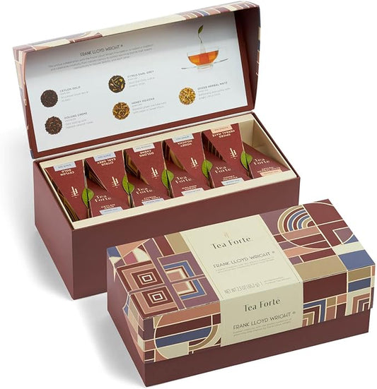 Tea Forte Frank Lloyd Wright Presentation Box Tea Gift Set Sampler, 20 Count 2 of Each Variety Individually Wrapped Handcrafted Pyramid Infuser Bags