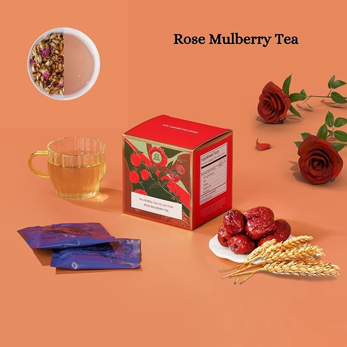 Rose Mulberry Herbal Tea Gift Set – Caffeine-Free Fruit Tea for Immunity, Relaxation, and Wellness | 20 Bags + 100g Rock Sugar | Natural Ingredients | Elegant Holiday Gift Box for Women, Mom, Friends