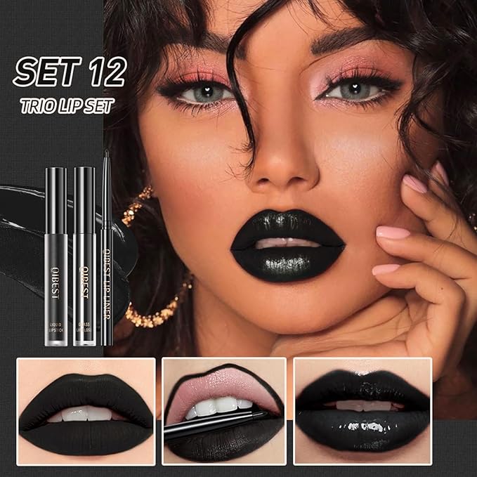 QiBest 3-in-1 Black Lipstick Set for Halloween & Goth Makeup, Matte Liquid Lipstick + Lip Gloss + Gel Lip Liner Pencil Lip Kit for 24 Hours Long Lasting & Waterproof Gothic Lip Makeup (Black Magic)