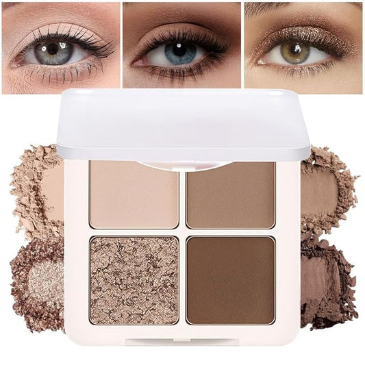 4 Colors Matte Shimmer Eyeshadow Makeup Palette,Champagne Nude Light Dark Brown Natural Neutral Eye Shadow Palette,Long Lasting Waterproof Naturing-Looking Women Girls Eye Shadow