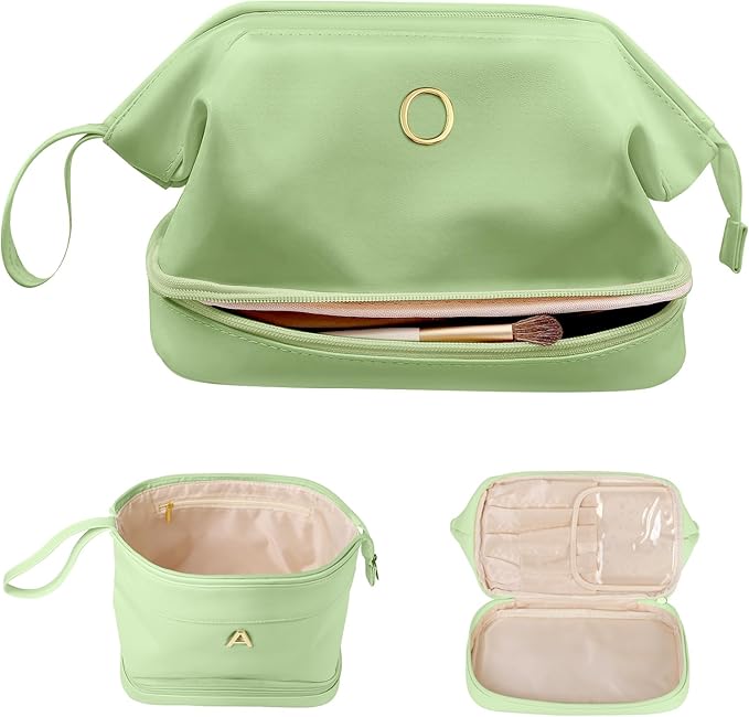 Gifts for Co Workers Female, Initial Large Makeup Bag, Bride To Be Gifts, Double Layer Cosmetic Bag, Waterproof PU Travel Toiletry Bag for Bachelorette Party Women Wedding Bridal, Bride Gifts