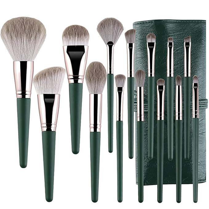 Makeup Brushes With Bag 14PCs Professional Makeup Brush Set，Premium Synthetic Foundation Concealer Powder Blush Eyeshadow Eyebrow Blending Travel Make Up Brushes (Green)