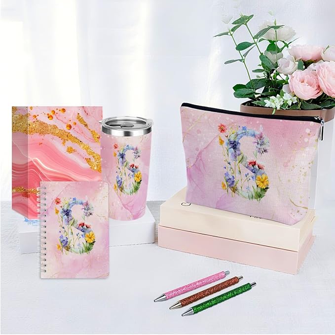 Personalized Gifts for Women Monogrammed Birthday Gifts for Women, Wife Girlfriend Christmas, Initial 20 oz Tumbler, Makeup Cosmetic Bag Cup Pens Journal Notebook 6 Set, (Aesthetic Pink Flower S)