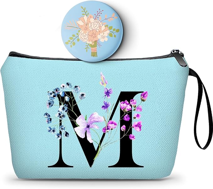Women Birthday Maid of Honor Monogrammed Gifts for Bride Bridesmaid Sister Friend Her Teacher Makeup Cosmetic Bag with Mirror Mothers Day Christmas Graduation M