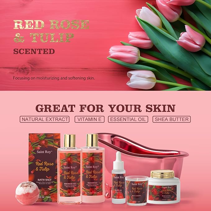 spa kit Gifts for Her Mother's Day Bath Spa Gift Set Red Rose & Tulip Spa Basket Kits for Women, Contains Body Oil, Body Lotion, Salt, self care baskets for women gift Mother's Day Gift for Mom