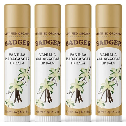 Badger Vanilla Madagascar Classic Lip Balm, 100% Organic Lip Balm, Long Lasting Lip Care w/Light Silky Texture, Comforting & Relaxing, 4 Pack