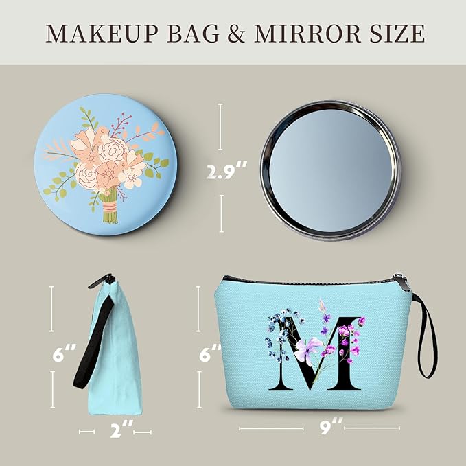 Women Birthday Maid of Honor Monogrammed Gifts for Bride Bridesmaid Sister Friend Her Teacher Makeup Cosmetic Bag with Mirror Mothers Day Christmas Graduation M
