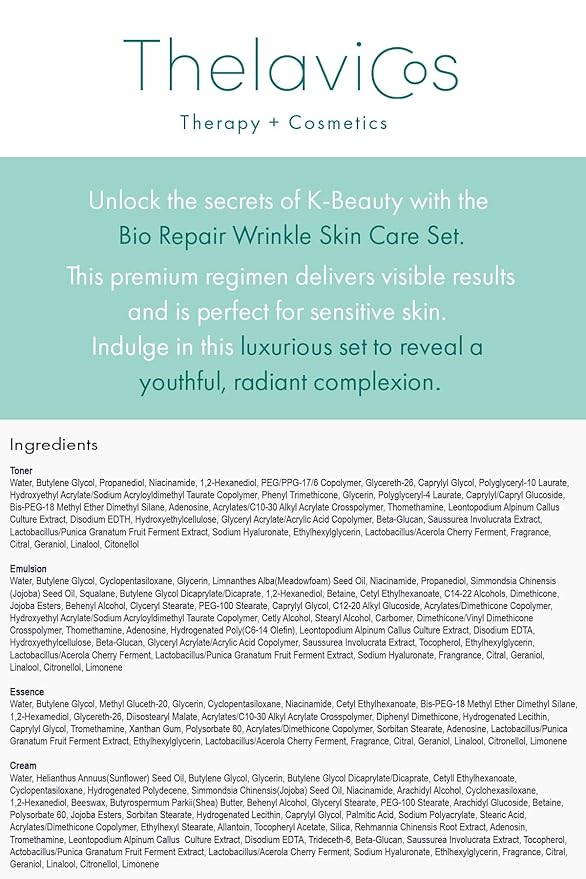 Bio Repair Wrinkle Skin Care Set (4 Pieces) – K-Beauty Renewing Nightly Treatment for Sensitive Skin | Includes Toner 120ml, Emulsion 120ml, Essence 50ml, Cream 50g