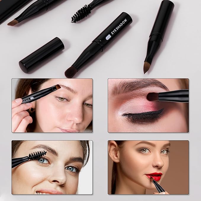 simarro 4 in 1 Makeup Brush Set, Portable Travel Size Make Up Brushes Detachable Eyeshadow Brush Eyebrow Brush Screw Brush Lip Brush for Foundation, Concealer, and Powder Liquid (Black)