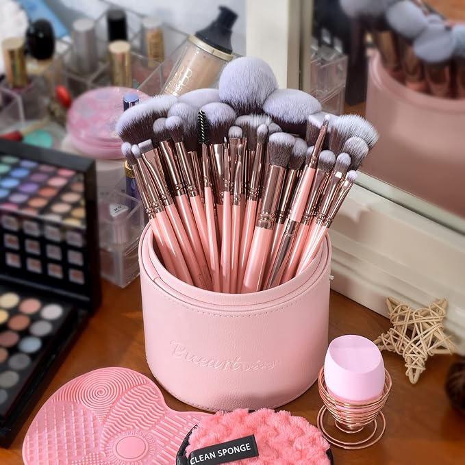 Bueart Design Labeled 30Pcs Professional Deluxe Makeup Brushes set with Extra large holder case for Foundation Face Blending Blush Concealers Eyeshadow