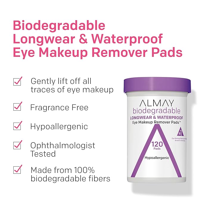 Almay Biodegradable Makeup Remover Pads, Longwear & Waterproof, Hypoallergenic, Fragrance-Free, Dermatologist & Ophthalmologist Tested, 80 Count