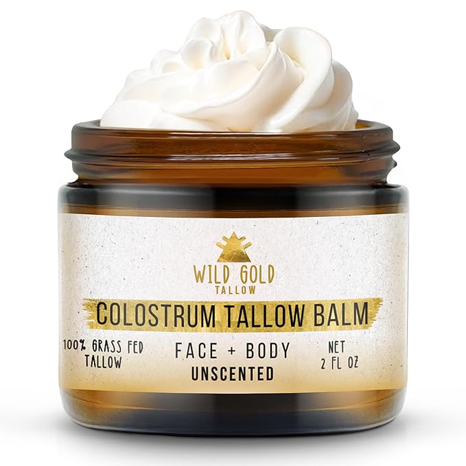 100% Grass Fed Tallow Balm with Colostrum & Emu Oil - Handmade Whipped Beef Tallow for Face and Body, Sensitive Skin Tallow Moisturizer made with True First Colostrum, (Unscented)