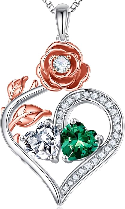 Iefil Rose Heart Birthstone Necklaces for Women - 925 Sterling Silver Double Birthstone Necklace, Anniversary Birthday Gifts for Women, Jewelry Gifts for Wife Her