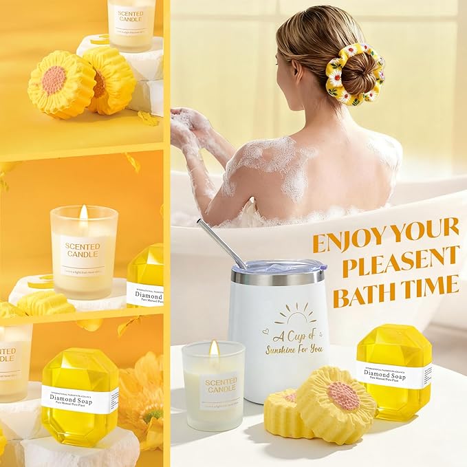 Briney 13Pcs Birthday Gifts for Women, Care Package for Women, Gift Basket, Unique Relaxing Sunflower Themed Present for Mom Wife Sister Best Friend, Yellow