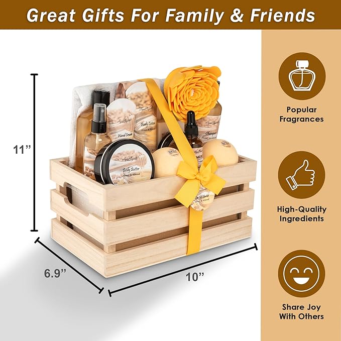 Bath Spa Gift Sets - Luxury Basket With Honey & Almond - Bath Kit With Body Wash, Bubble Bath, Lotion, Body Butter, Soap, Towel in Luxury Wooden Basket