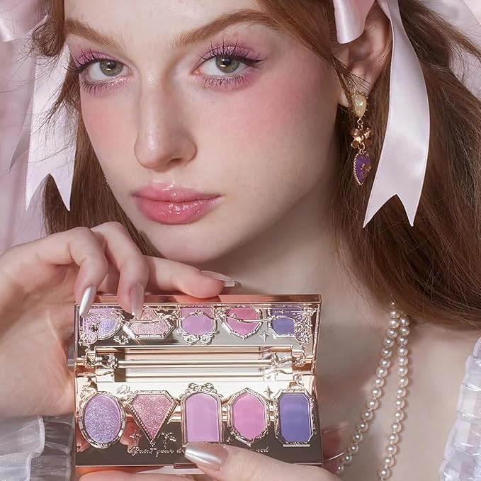 Flower Knows Violet Magic 5 Pack Makeup Gift Set,Lip Gloss*1+Blush*1+Eyeshadow*1+Hair Clip*1+Gift Box*1,Perfect Makeup Gift for Girls & Women