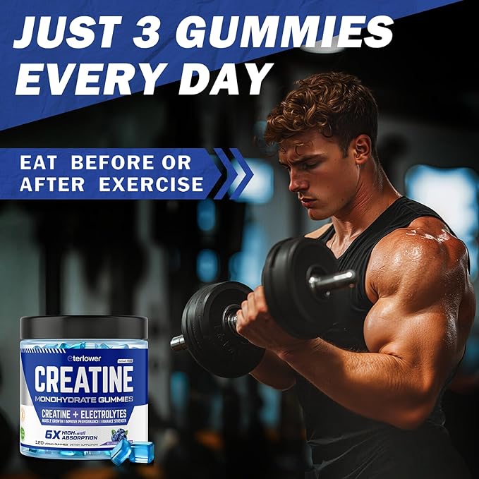 Creatine Monohydrate Gummies for Men & Women, 5g Flavored Creatine Gummy with Electrolytes for Muscle Strength, Muscle Builder, Energy Booster, Pre Workout Supplement, Sugar-Free & Vegan, 120 Count