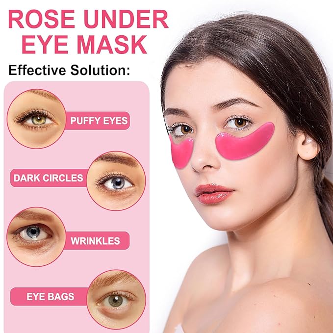 Eye Mask - 15 Pairs Rose Under Eye Patches Skin Care Products - Eye Masks Skincare for Dark Circles and Puffiness, Reduce Wrinkles, Eye Bags and Fine Lines, for Women and Man, with Hair Clips
