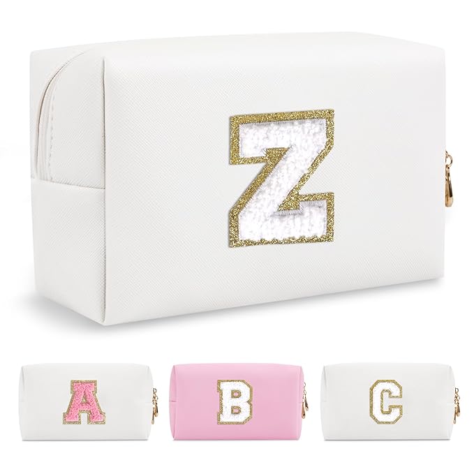 Small Personalized Initial A-Z Preppy Patch Makeup Bag,White PU Chenille Letter Travel Cosmetic Pouch with Zipper,Cute Toiletry Bag,Gift Ideal for Teen Girls Women Teacher Bridesmaid,Letter Z