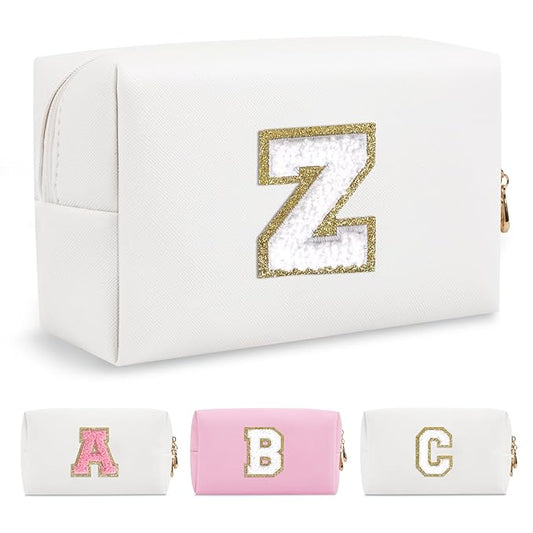 Small Personalized Initial A-Z Preppy Patch Makeup Bag,White PU Chenille Letter Travel Cosmetic Pouch with Zipper,Cute Toiletry Bag,Gift Ideal for Teen Girls Women Teacher Bridesmaid,Letter Z