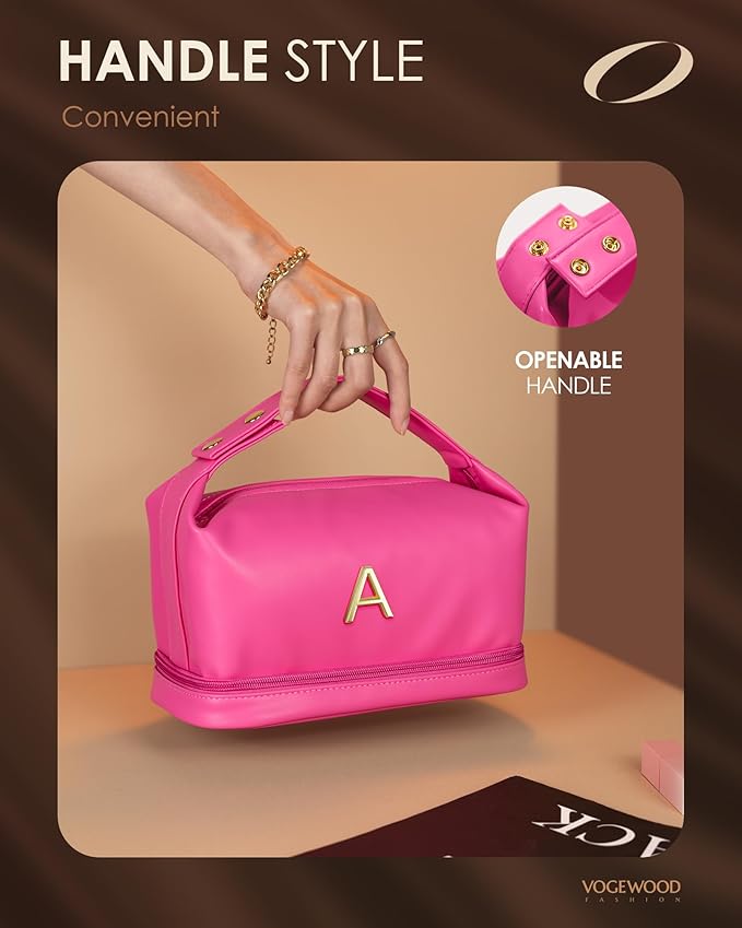 Appreciation Gifts for Her, Personalized Makeup Bag with Handle, Initial Double Layer Cosmetic Bag with Makeup Brush Organizer, Cute Cosmetic Pouch for Women, Gift Ideas for Teen Girls