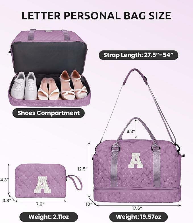 Girl Duffle Bag with Shoe Compartment, Tween Weekend Duffle Bag, Monogram Overnight Bag for Women with Trolley Sleeve & Wet Pocket, Letter Kids Travel Bag with Makeup Bag (Letter K)