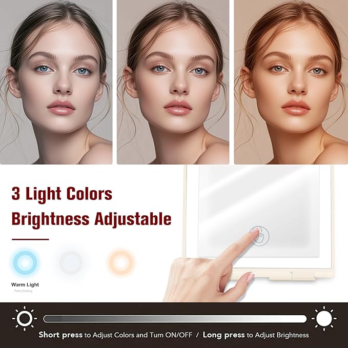 Travel Makeup Mirror with Light, Rechargeable Portable Folding Compact Mirror Set with Tweezer, Lighted Makeup Mirror with 72 LED 3 Color Light Modes, Dimmable Touch Screen LED Mirrors-Cream