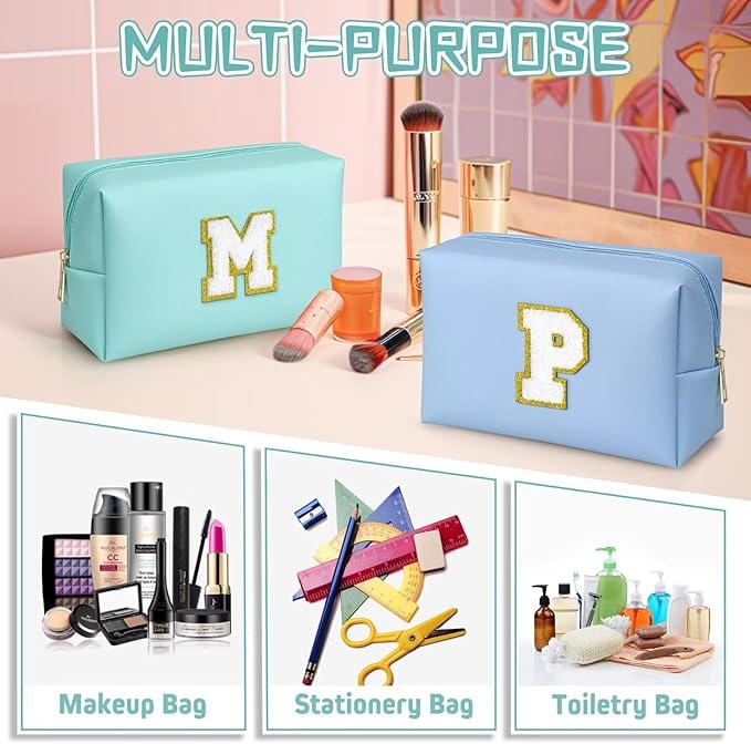 TOPEAST Initial Makeup Bag for Travel, Chenille Letter Pouch Cosmetic Bag, PU Leather Waterproof Toiletry Bag, Personalized Gifts for Bride Bridesmaids, Cute Things for Girls (Blue Q)