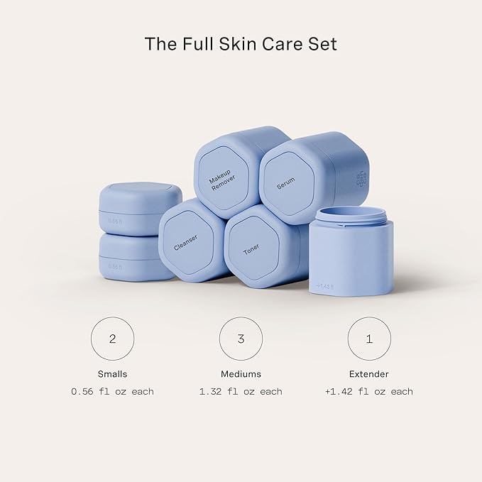 Cadence Travel Containers - Full Skincare Set - Magnetic Containers with Lids,Carry On Travel Essentials For Women/Men - 2 Small (0.56oz), 4 Medium Capsules (1.32oz), & Extender (1.43oz) - Pacific