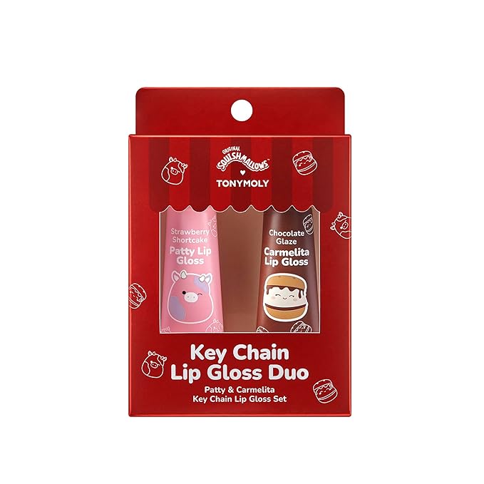TONYMOLY x Squishmallows Lip Gloss Gift Set – 2pc Patty’s Strawberry Shortcake & Carmelita’s Chocolate Glaze Keychain Duo, Hydrating Gloss, Holiday Limited Edition