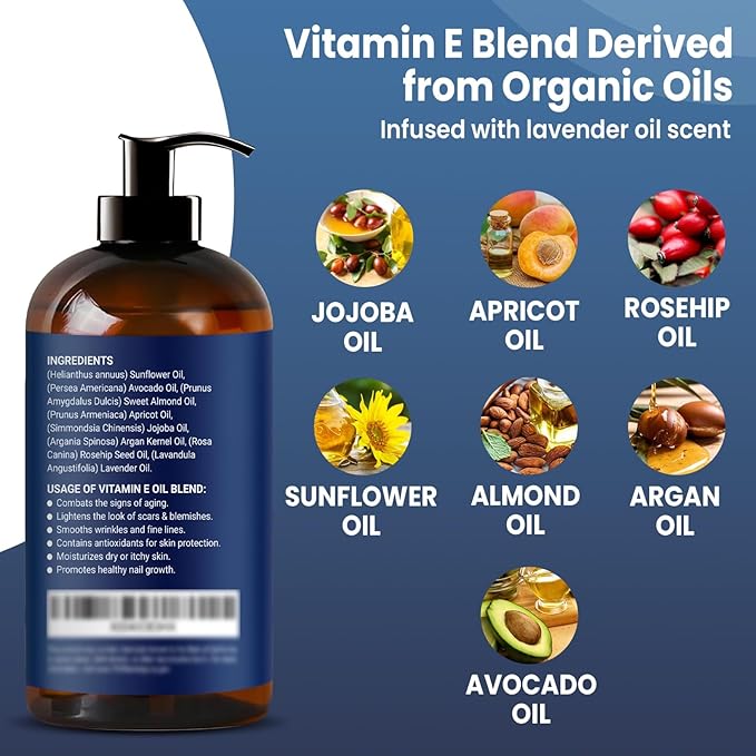 Organic Vitamin E Oil Blend 8 fl oz - Made from Pure, Natural Oils for Skin, Scars & Face - Aceite de Vitamina E - Nexon Botanics