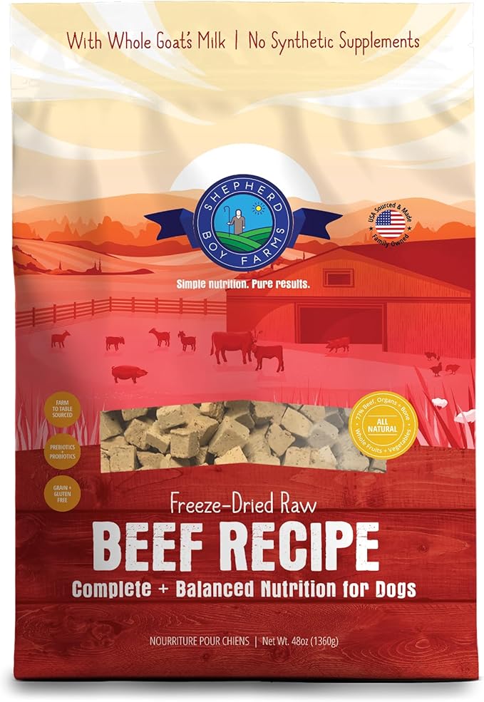 Freeze Dried Raw Dog Food, Beef Recipe, All Natural, No Synthetics, Made in USA with Goat's Milk & Organic Produce, High Protein, Complete Meal (48oz)