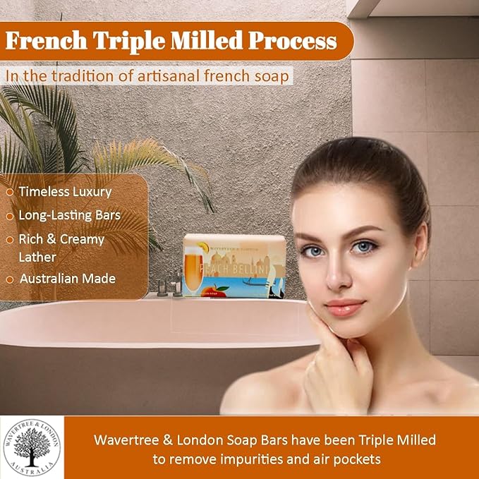 Wavertree & London Peach Bellini Scented Natural Soap (2 Bars), 7oz Moisturizing French Triple Milled Soap Bars enriched with shea butter - Pure Plant Based Bath & Body Bars for All Skin Types