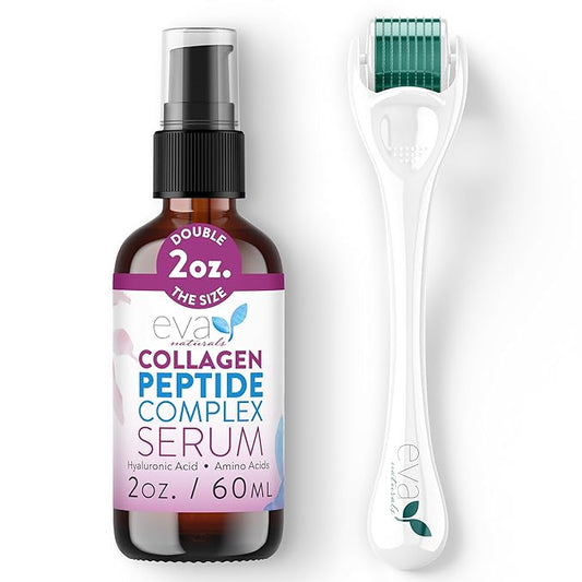 Eva Naturals Peptide Complex Serum + Microneedle Derma Roller - 0.25mm Titanium Derma Tool for Face & Scalp with Peptide Facial Serum & Derma Roller Bundle