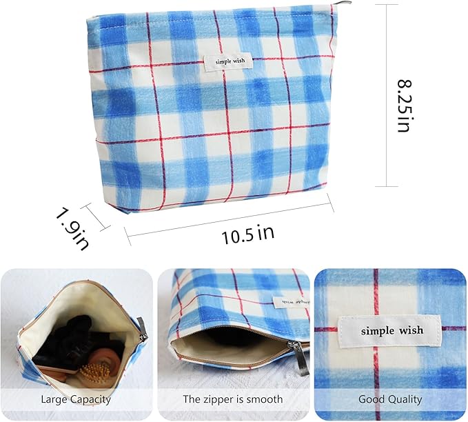 Wudygirl Makeup Bag Canvas Cosmetic Bag for Women Aesthetic Makeup Organizer Travel Makeup Pouch Toiletry Bag Pouches for Purse Cute Zipper Pouch Handbag (Blue White Line)